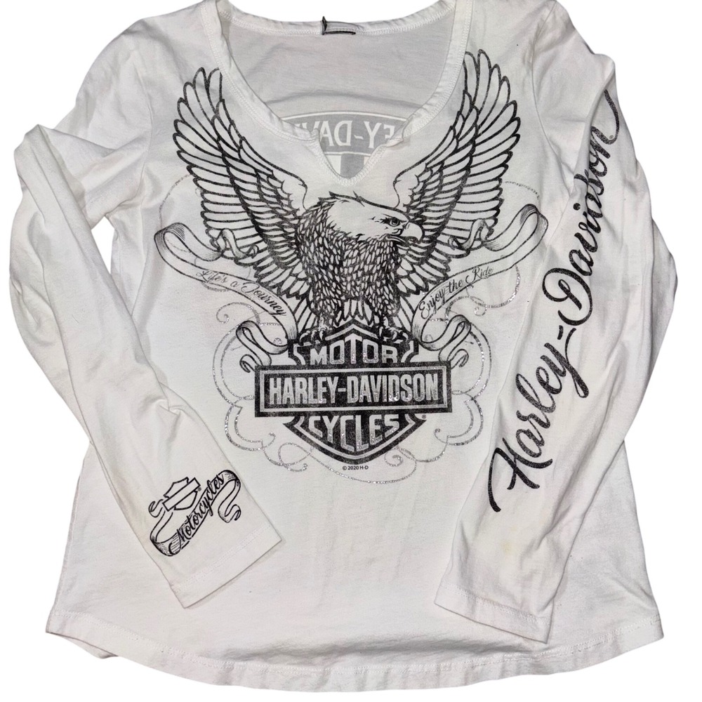 Harley-Davidson Womens Long Sleeve Graphic Tee White Eagle MD Flag Small Medium
